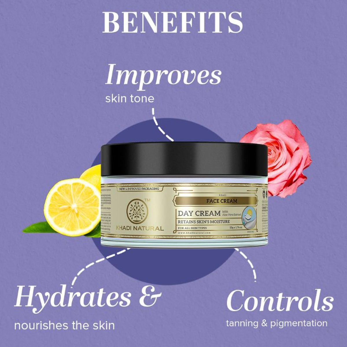 Khadi Natural Face Day Cream with natural ingredients, showing the cream in a jar with a smooth, moisturizing texture on a white background.