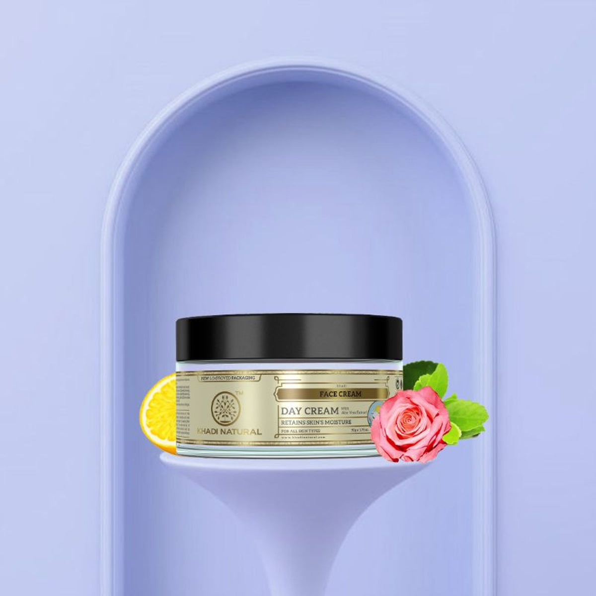 Khadi Natural Face Day Cream in a jar, showcasing its smooth texture and natural ingredients for retaining skin moisture.