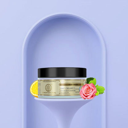 Khadi Natural Face Day Cream in a jar, showcasing its smooth texture and natural ingredients for retaining skin moisture.