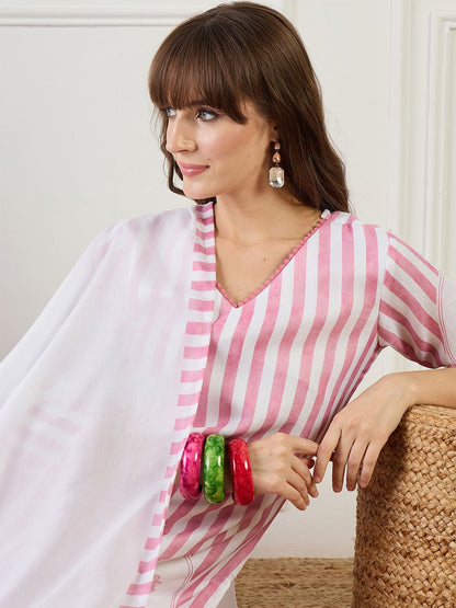 Striped Straight Kurta With Trouser & Dupatta