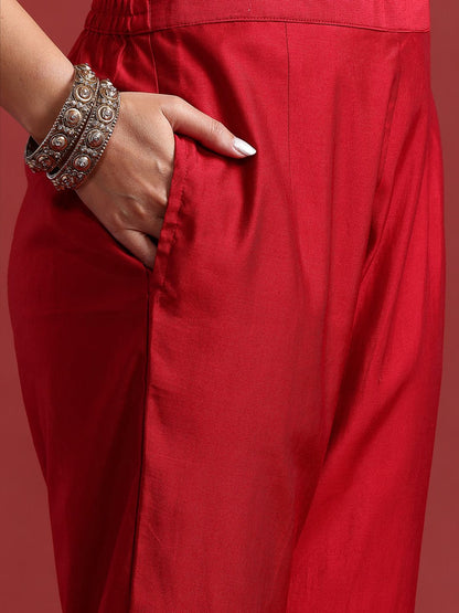Ethnic Motifs Yoke Design Zari Panelled Liva Kurta With Trousers & Dupatta