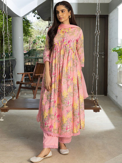 Dhiyona SN Women's Floral Printed Thread Work Pure Cotton A-Line Kurta With Trouser & Dupatta