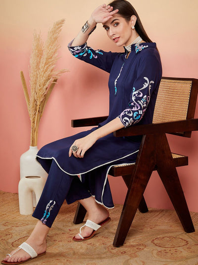 Indyancart SN Women's Navy Blue Floral Embroidered Shirt Collar Straight Kurta & Trousers