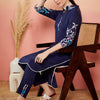 Dhiyona SN Women's Navy Blue Floral Embroidered Shirt Collar Straight Kurta & Trousers