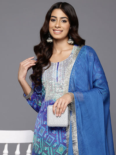 Indyancart VA Women'sBandhani Embroidered Sequinned Silk Georgette Kurta With Trousers & Dupatta