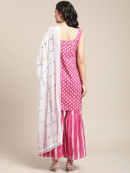 Indyancart VA Women's Pink Floral Printed Sequinned Pure Cotton Kurta with Sharara