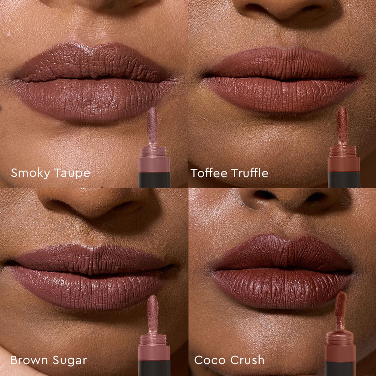 KIRO Four Play Non-Stop Airy Matte Liquid Lipstick in Apex Brown quad with four shades displayed on a neutral background.