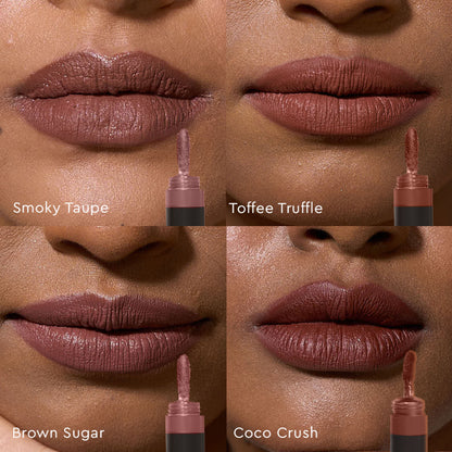 KIRO Four Play Non-Stop Airy Matte Liquid Lipstick in Apex Brown quad with four shades displayed on a neutral background.