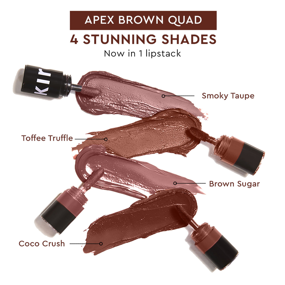 KIRO Four Play Non-Stop Airy Matte Liquid Lipstick in Apex Brown quad with four shades in sleek packaging