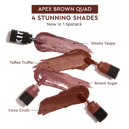 KIRO Four Play Non-Stop Airy Matte Liquid Lipstick in Apex Brown quad with four shades in sleek packaging
