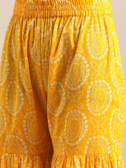 Indyancart VA Women's Mustard And White Bandhej Printed Flared Kurti With Sharara With Dupatta.