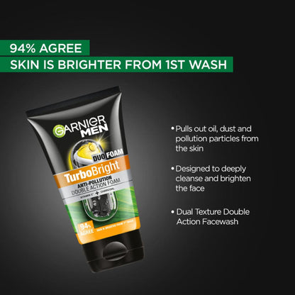 Garnier Men Turbo Bright Double Action Foam, Vitamin C + Charcoal Anti Pollution Foam