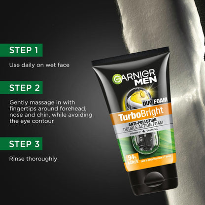 Garnier Men Turbo Bright Double Action Foam, Vitamin C + Charcoal Anti Pollution Foam