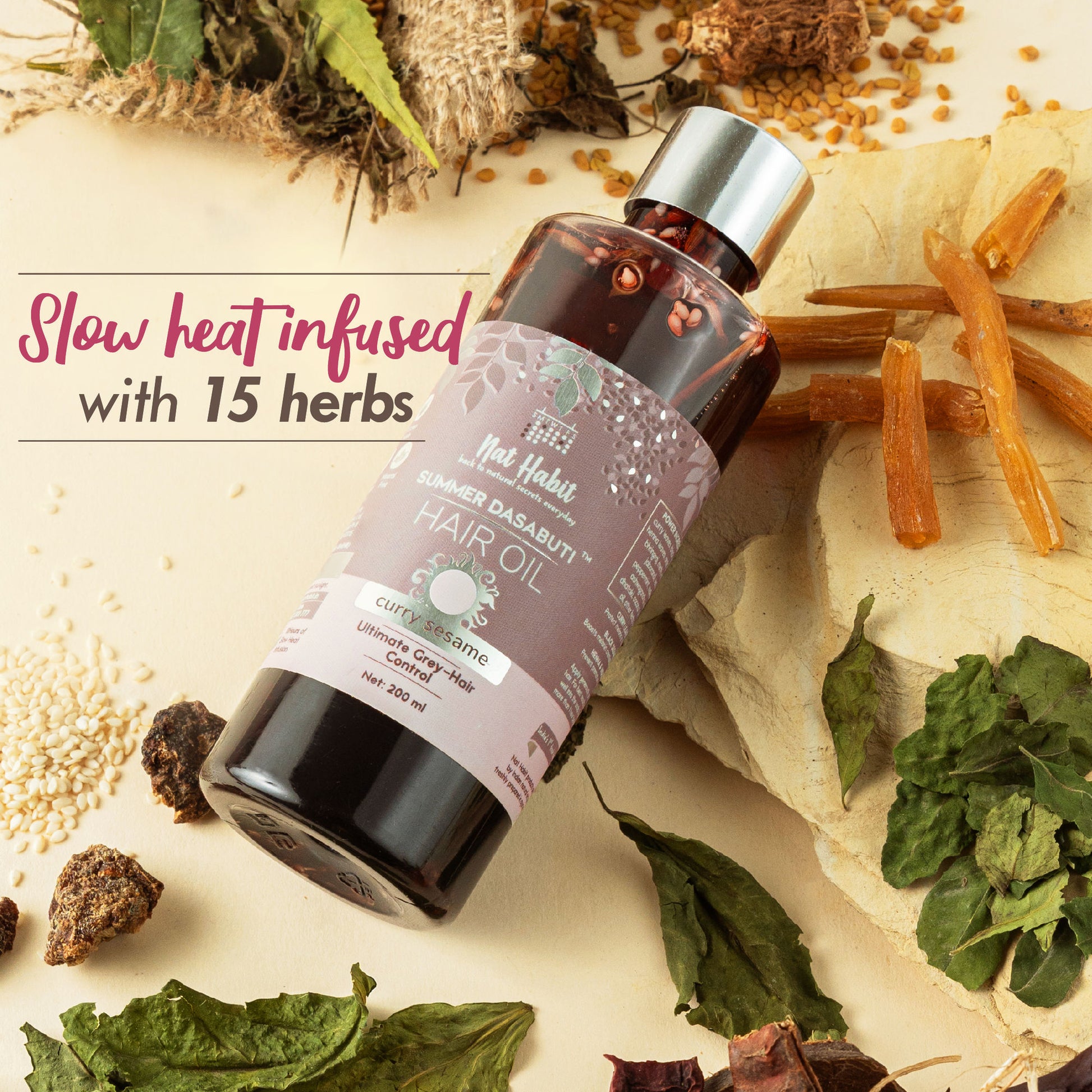 Nat Habit Curry Sesame Grey Hair Control Ayurvedic Oil With Indigo And Curry Leaves