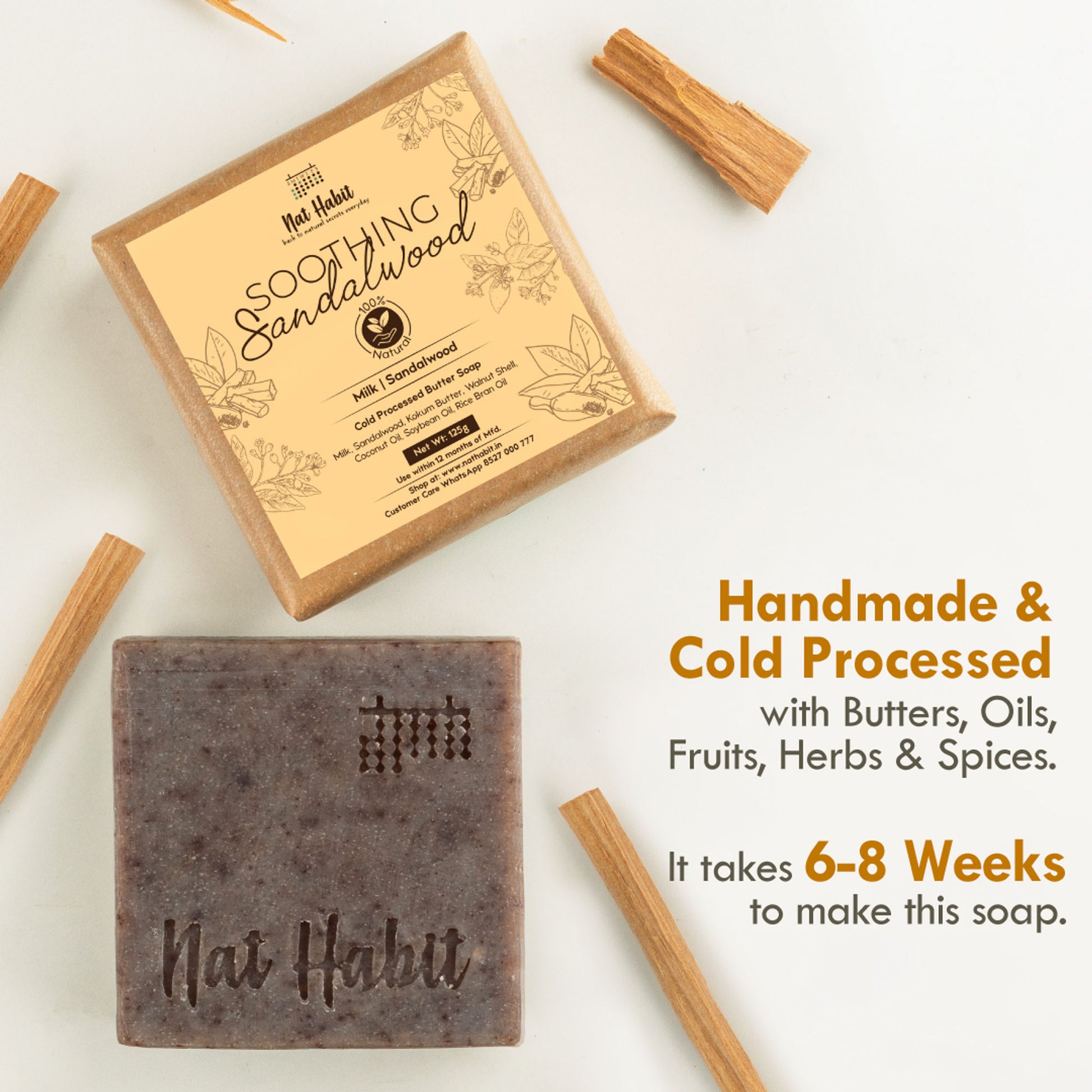 Nat Habit Cold Process Ayurvedic Chandan Sandalwood Handmade Butter Soap for Radiant Skin Face Glow