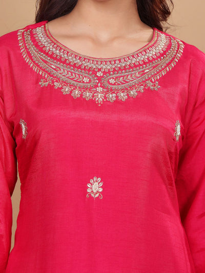 Indyancart VA Women's Pink pure silk zardozi & floral embroidered kurta with trousers & dupatta
