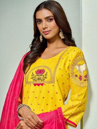 Indyancart SN Women's Floral Embroidered Chanderi Cotton Straight Kurta With Trousers And Dupatta
