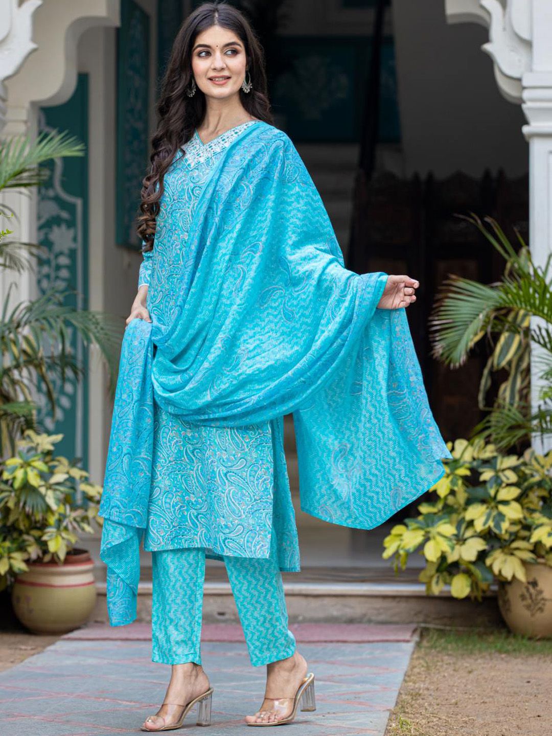 Indyancart VA Women'sPaisley Printed Regular Mirror Work Kurta with Trouser & Dupatta