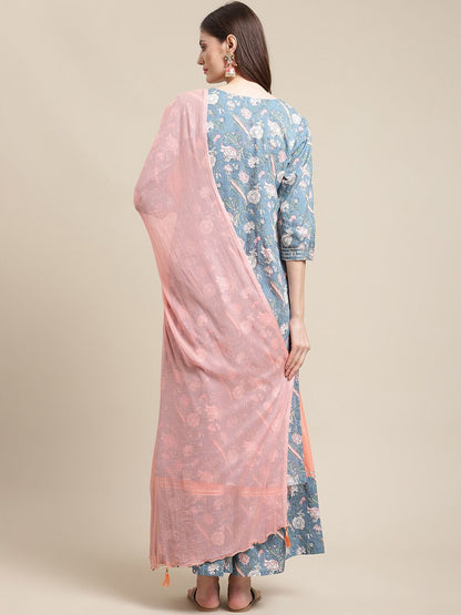 Indyancart VA Women's Blue Floral Printed Gotta Patti Kurta with Sharara & With Dupatta