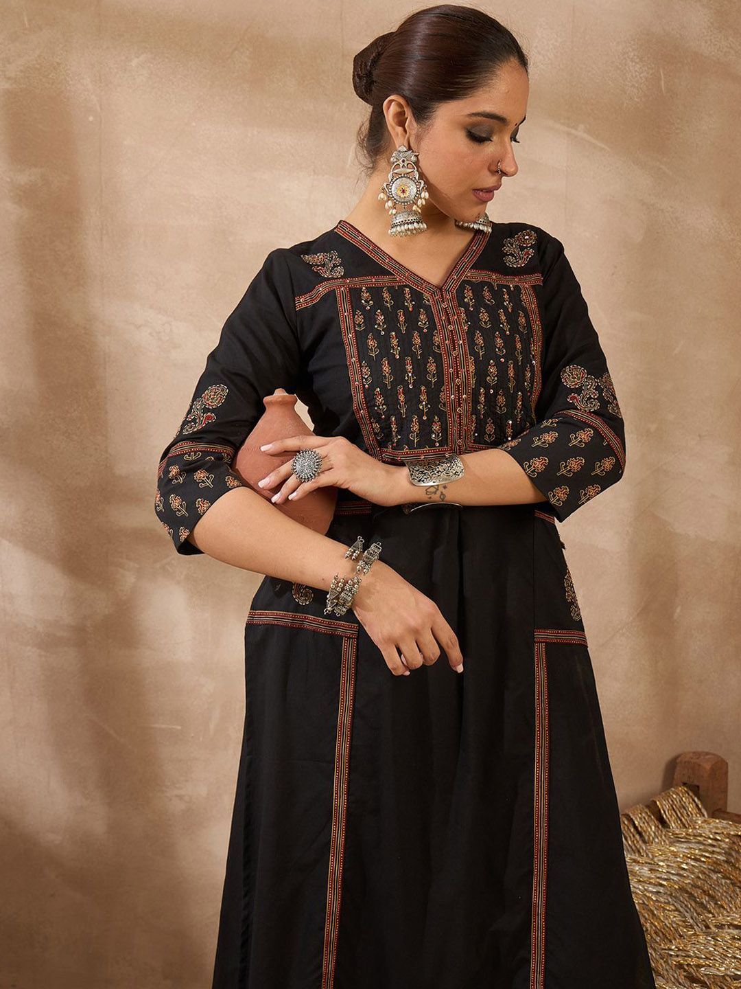 Women Ethnic Motifs Embroidered Pleated Sequinned Pure Cotton Kurta with Trousers