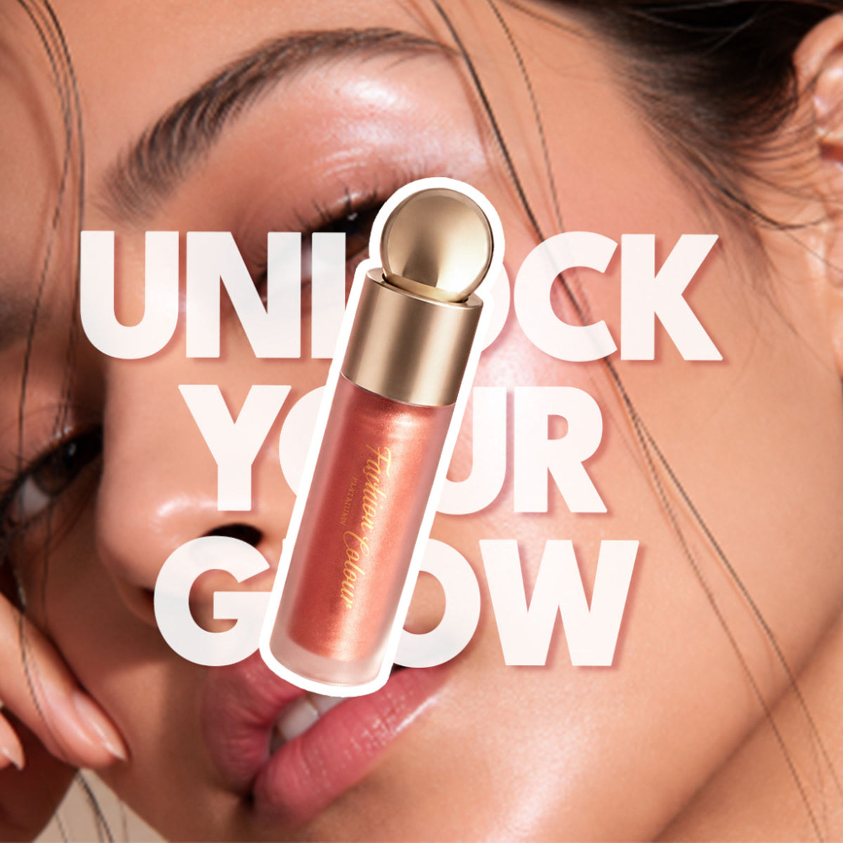 FASHION COLOUR Platinum Glow Shine Liquid High-Lighter in Champagne, with a sleek bottle and applicator brush visible.
