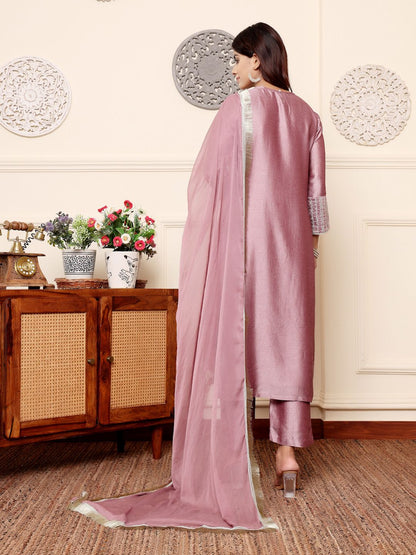 Indyancart VA Women'sLavender Sequinned Straight Kurta with Trousers & Dupatta