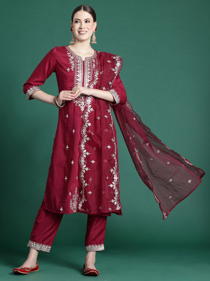 Indyancart IE Ethnic Motifs Embroidered Gotta Patti Kurta With Trousers & Dupatta