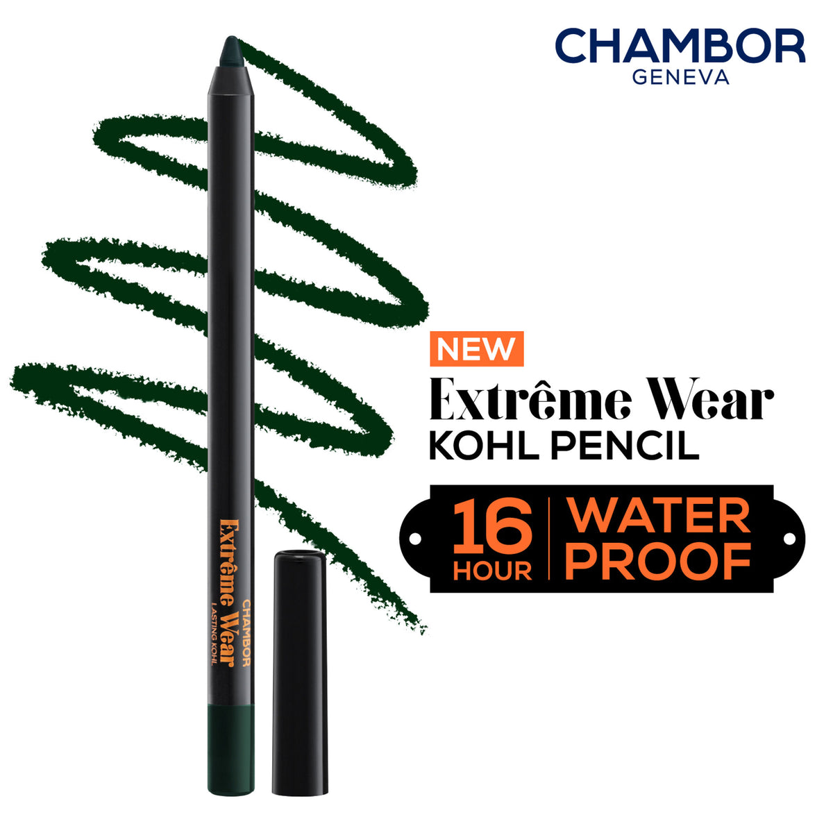 Chambor Extreme Wear Lasting Kohl in dark green, showing the sleek pencil with the product name and a close-up of the kohl tip.