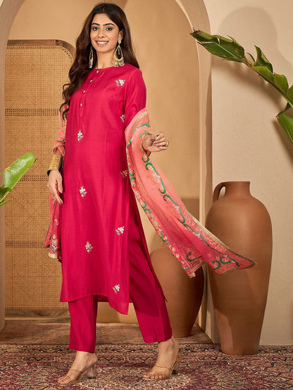 Indyancart SN Women's Embroidered Gota Work Straight Kurta & Trousers With Dupatta