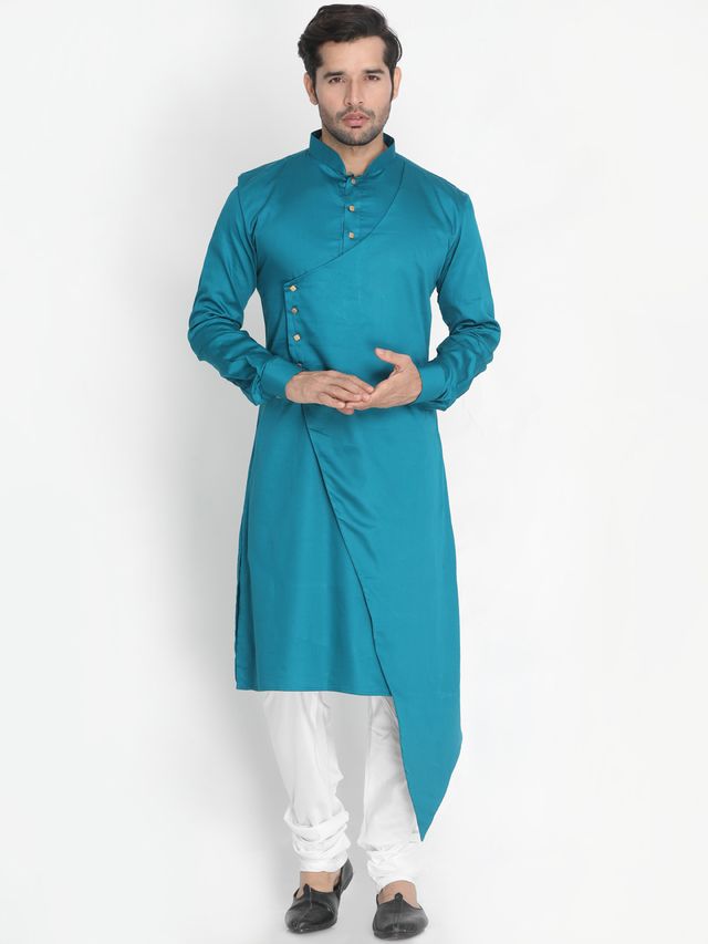 Men's Green Cotton Cotton Satin Asymmetric Kurta Pyjama Set