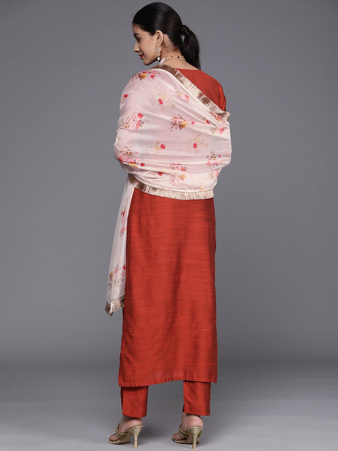 Indyancart VA Women's Rust Ethnic Motifs Embroidered Dupion Silk Kurta with Trousers & With Dupatta