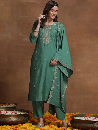 Indyancart IE Green Ethnic Motif Embroidered Straight Kurta & Trousers With Dupatta