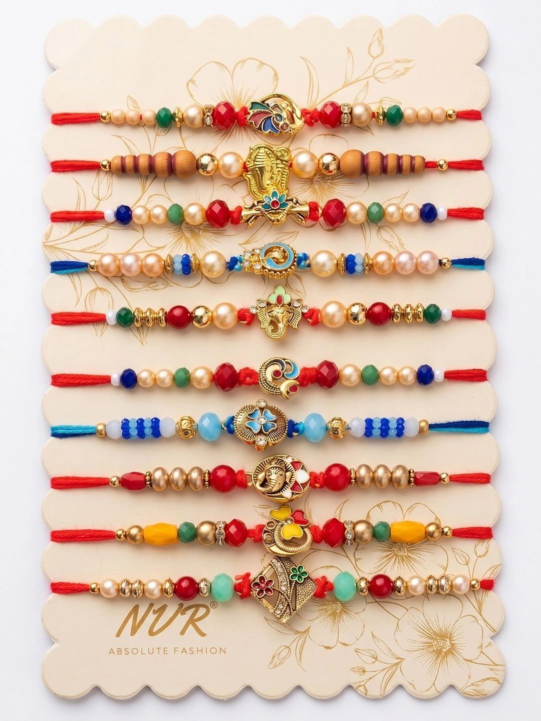 Anouk Set Of 10 Artificial Stones & Beads Thread Rakhi With Roli Chawal Chandan Mishri