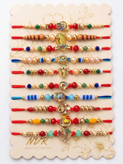 Anouk Set Of 10 Artificial Stones & Beads Thread Rakhi With Roli Chawal Chandan Mishri
