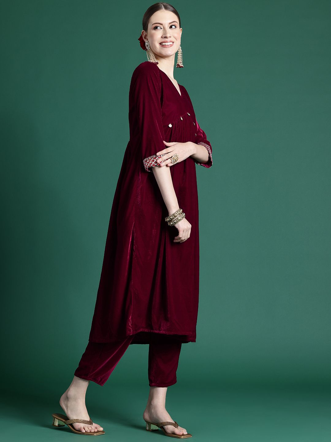 Indyancart IE Empire Velvet Kurta With Trousers & Dupatta