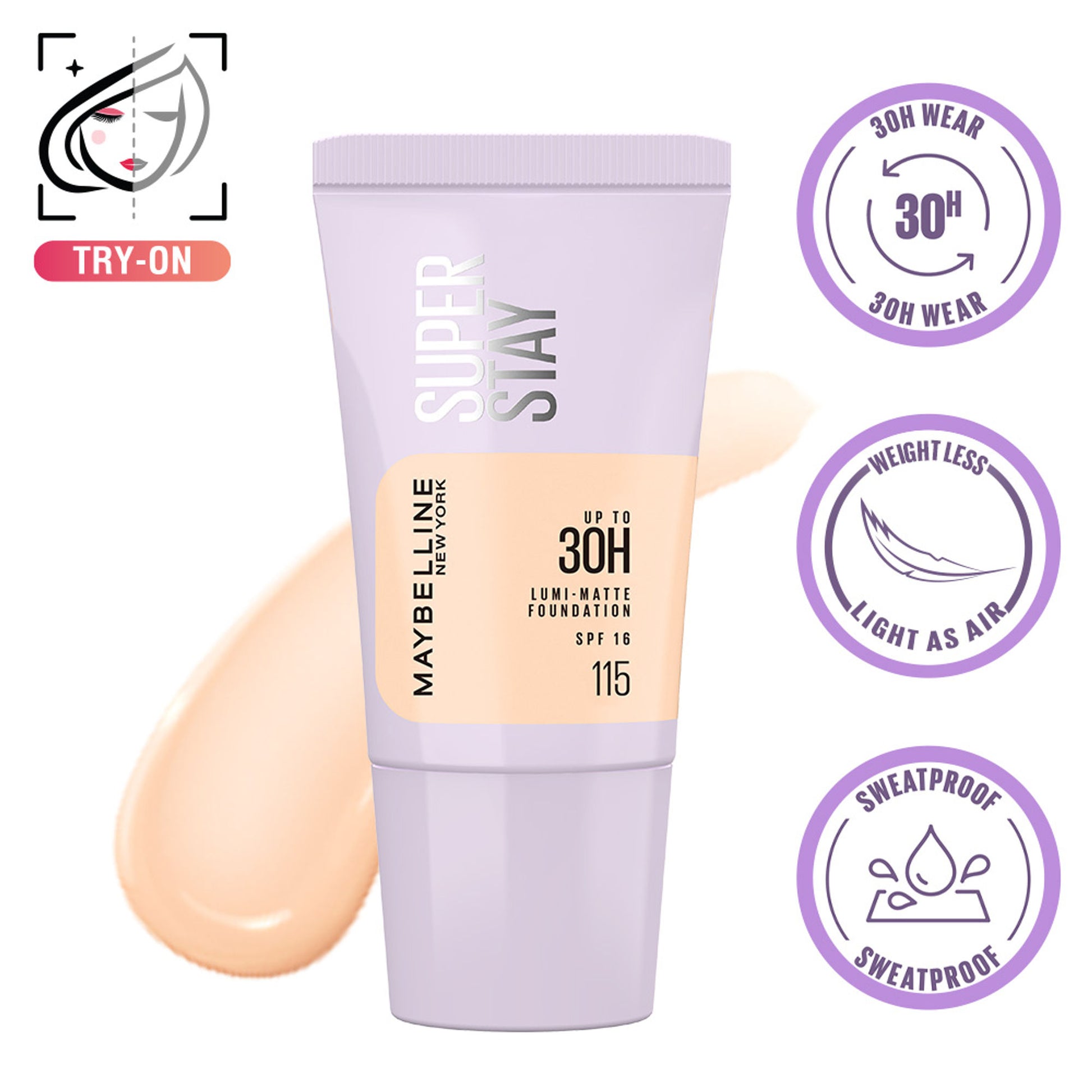 Maybelline New York Super Stay Lumi-Matte Foundation-30Hr Wear-Lightweight-Normal-Dry Skin - 115