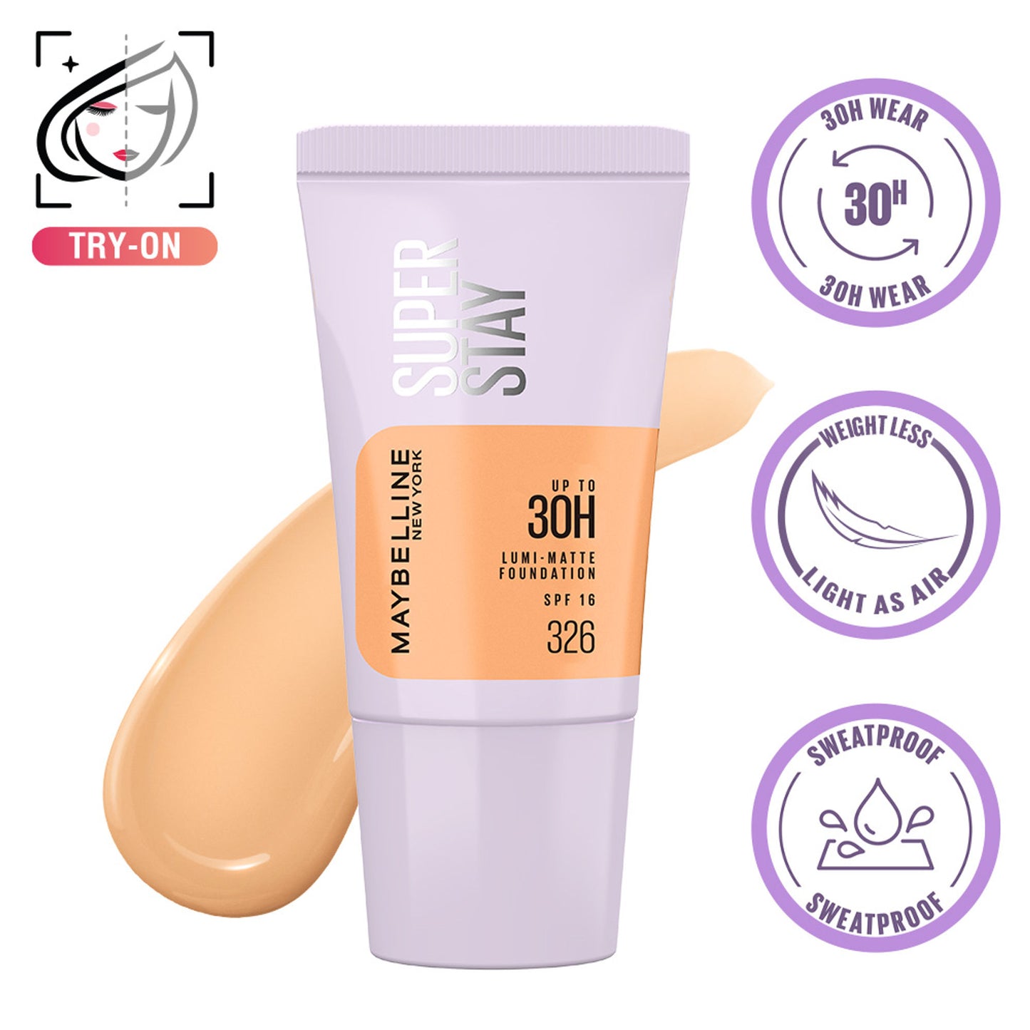 Maybelline New York Super Stay Lumi-Matte Foundation-30Hr Wear-Lightweight-Normal-Dry Skin - 326