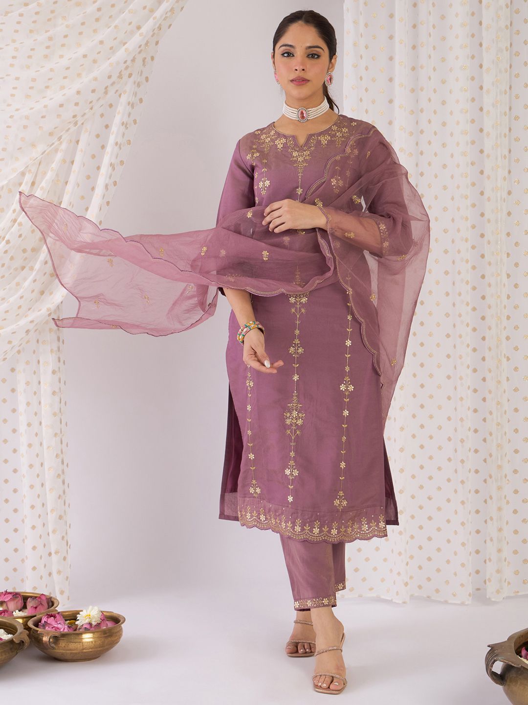 Indyancart IE Floral Embroidered Notch Neck Zari Straight Kurta With Trouser And Dupatta