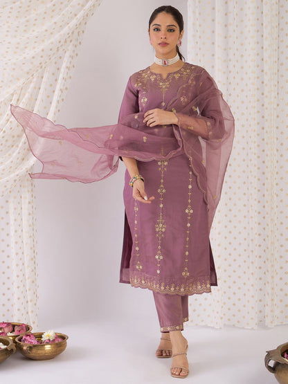 Indyancart IE Floral Embroidered Notch Neck Zari Straight Kurta With Trouser And Dupatta