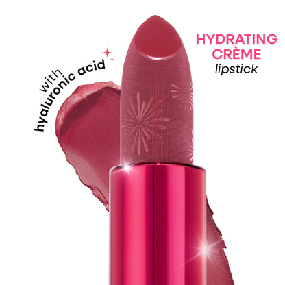 Nykaa Ultra Silk Hydrating Satin Serum Creme Glitter Lipstick in Sizzlin with hyaluronic acid, featuring a shimmering pink lip color.