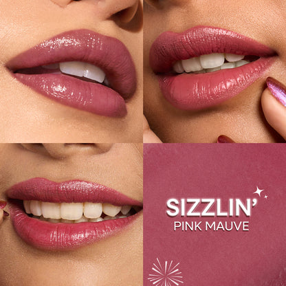 Nykaa Ultra Silk Hydrating Satin Serum Creme Glitter Lipstick in Sizzlin with hyaluronic acid, featuring a shimmering pink lipstick.
