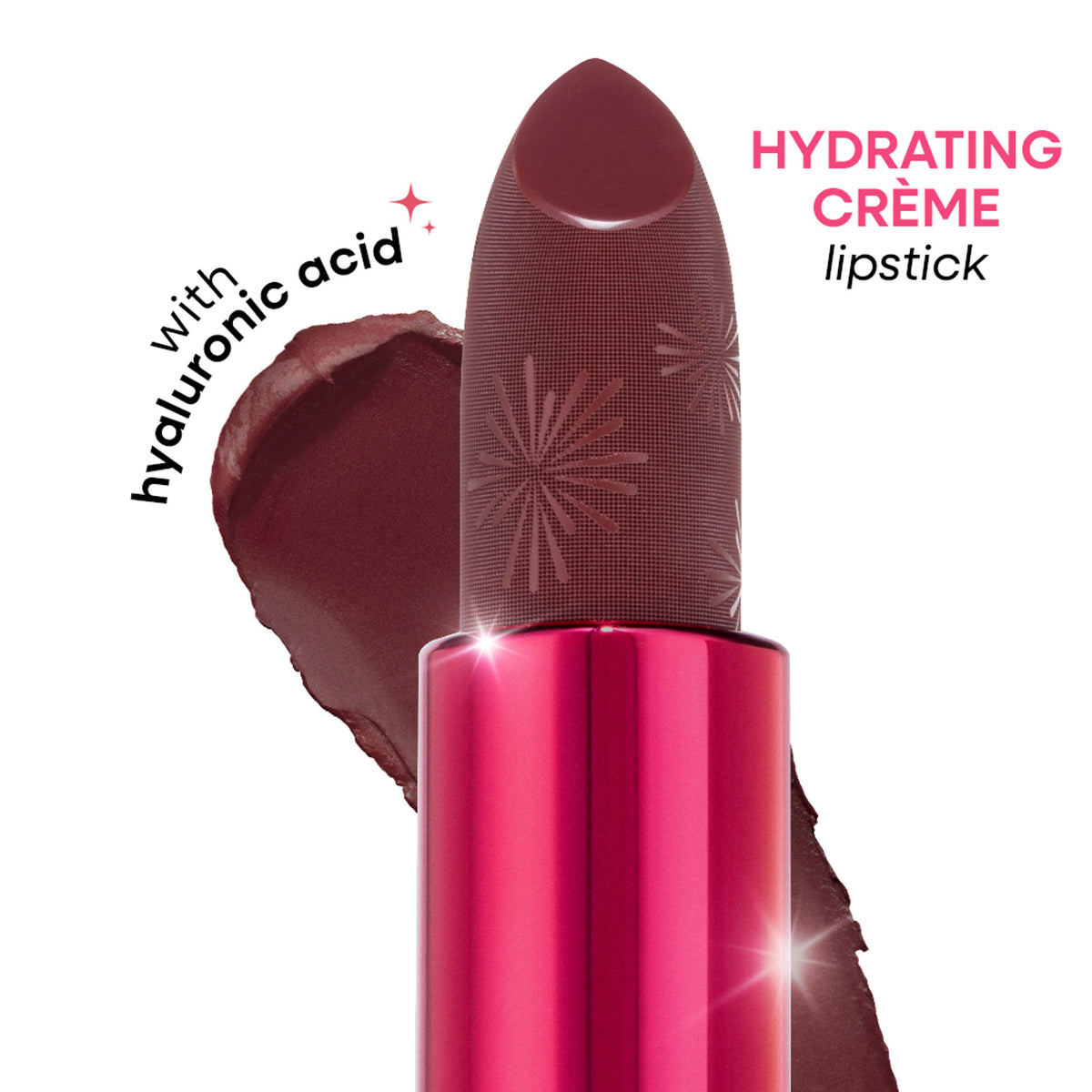 Nykaa Ultra Silk Hydrating Satin Serum Creme Glitter Lipstick with Hyaluronic Acid, showcasing glossy pink lipstick with glitter finish.