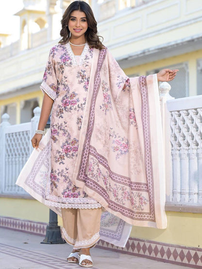 Indyancart VA Women'sFloral Printed Mirror Work Pure Cotton Straight Kurta with Trousers & Dupatta