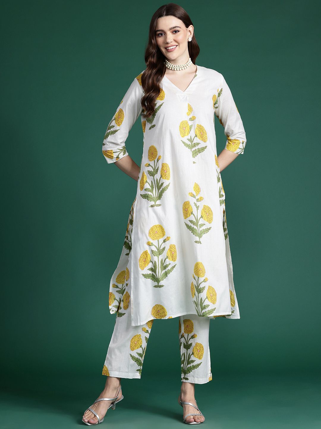 Indyancart IE Floral Printed Pleated Pure Cotton Kurta with Trousers