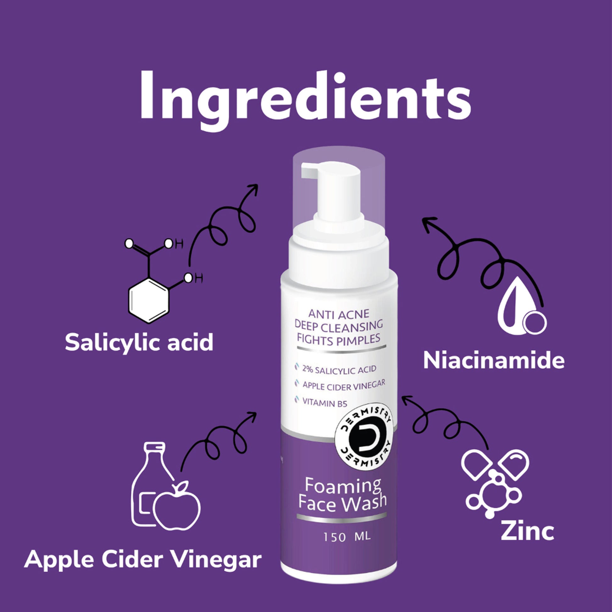 DERMISTRY 2% Salicylic Acid Niacinamide Foaming Face Wash for Oily Acne Prone Skin Open Pore Pimples