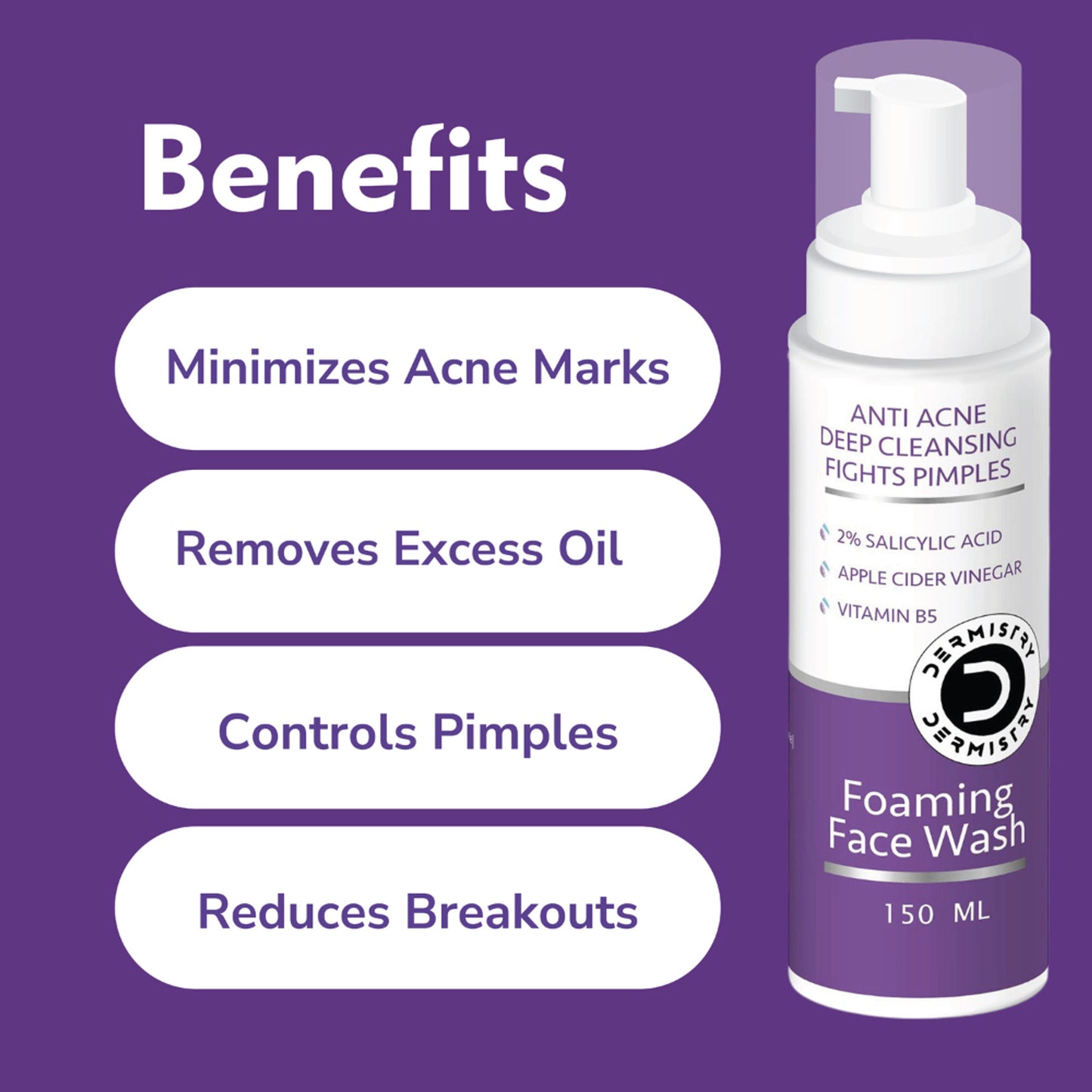 DERMISTRY 2% Salicylic Acid Niacinamide Foaming Face Wash for Oily Acne Prone Skin Open Pore Pimples