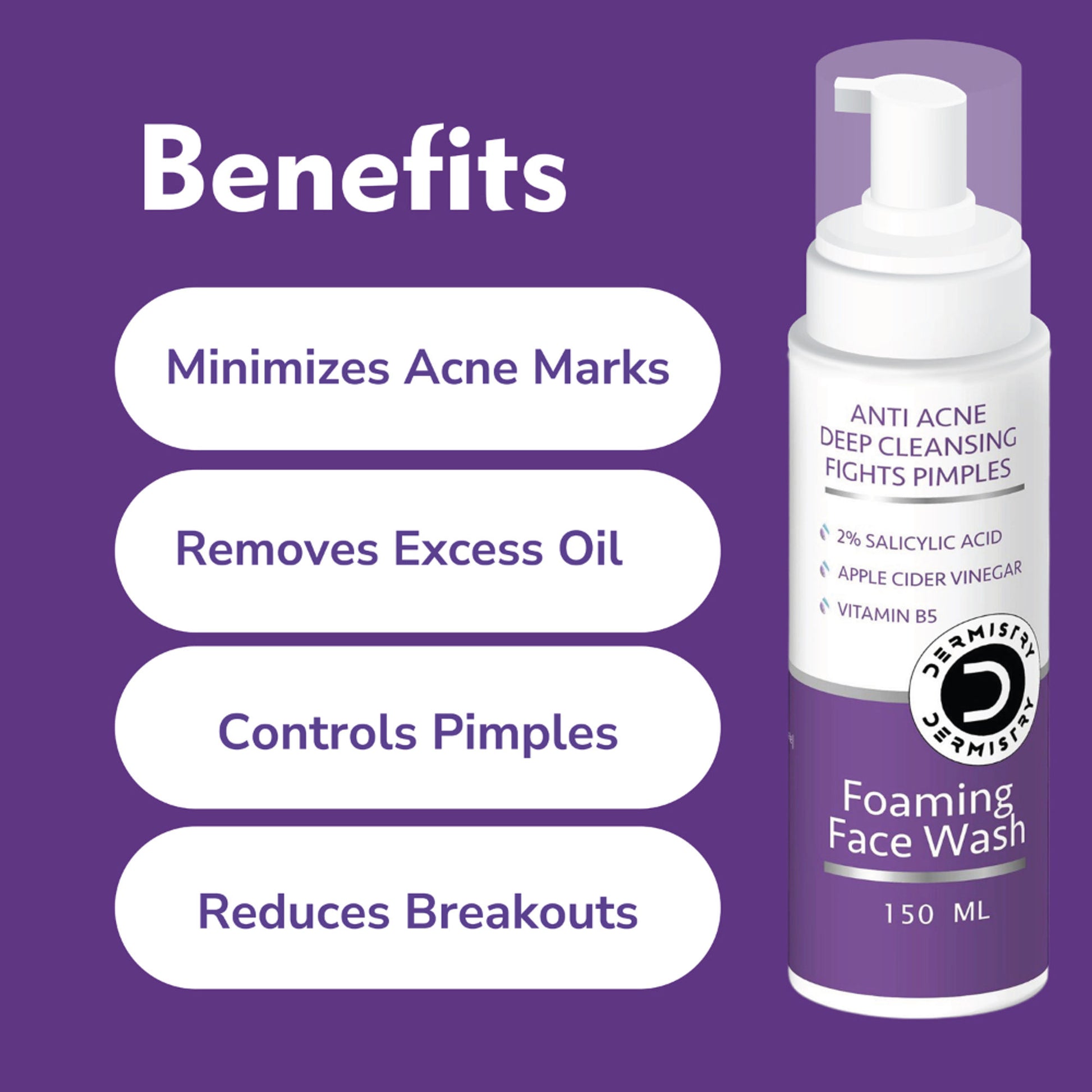 DERMISTRY 2% Salicylic Acid Niacinamide Foaming Face Wash for Oily Acne Prone Skin Open Pore Pimples