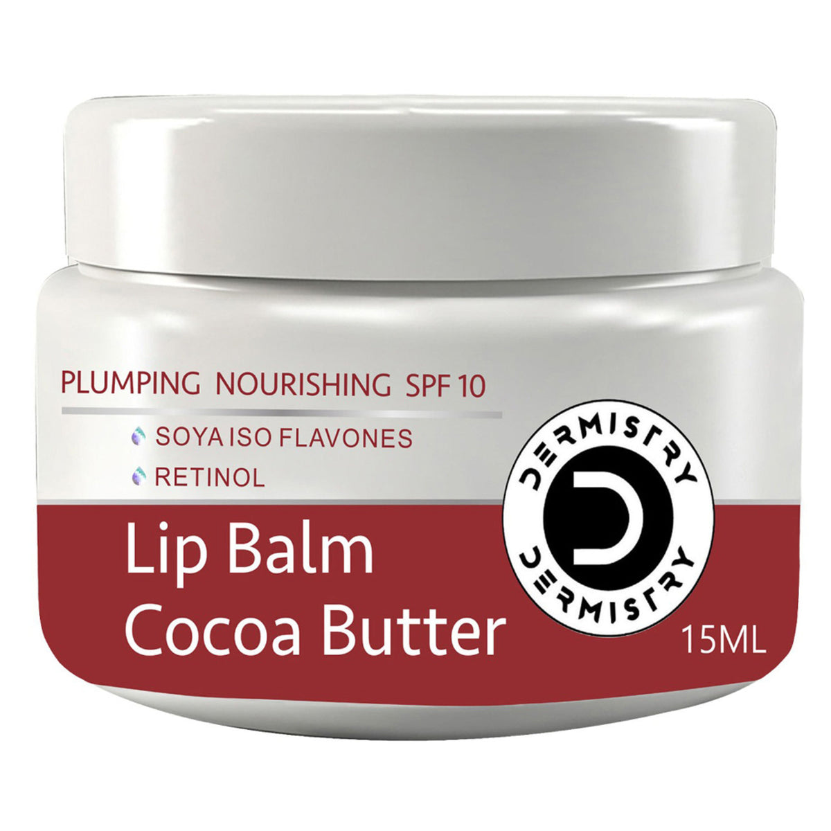DERMISTRY Strawberry Nourishing Lip Care Balm with SPF, cocoa butter, for dry, pigmented, chapped lips.