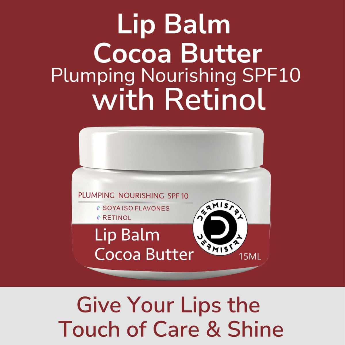 DERMISTRY strawberry nourishing lip care balm with SPF, cocoa butter, ideal for dry, pigmented, chapped lips.