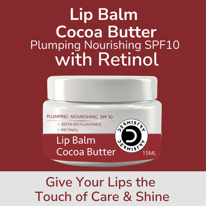 DERMISTRY strawberry nourishing lip care balm with SPF, cocoa butter, ideal for dry, pigmented, chapped lips.